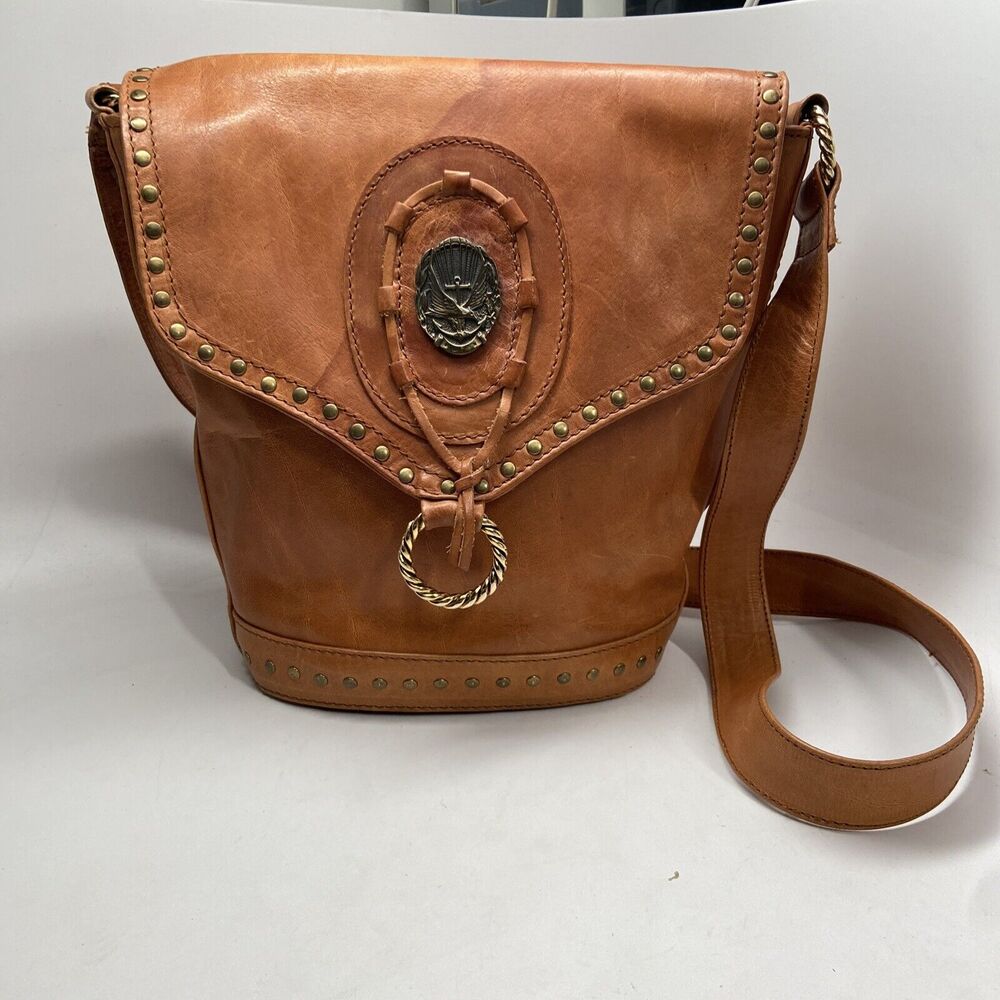 El Vaquero Pink Label Brown Leather Gold Studded Handcrafted Handbag Purse